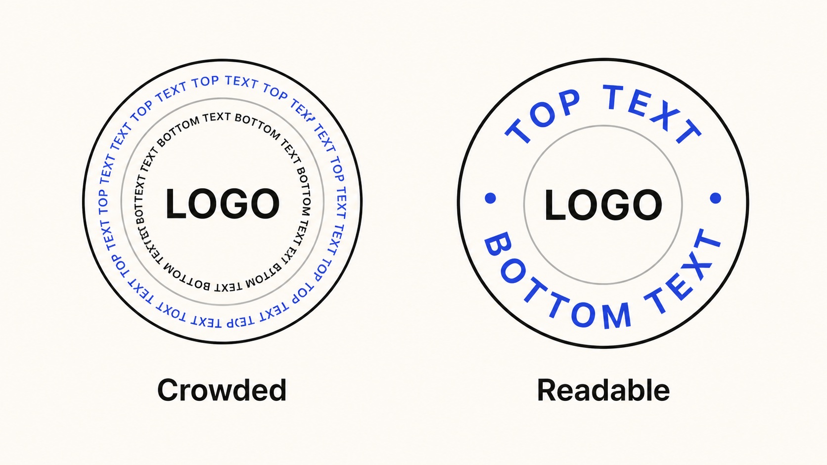 Crowded circle text compared with a readable badge using separate top and bottom text