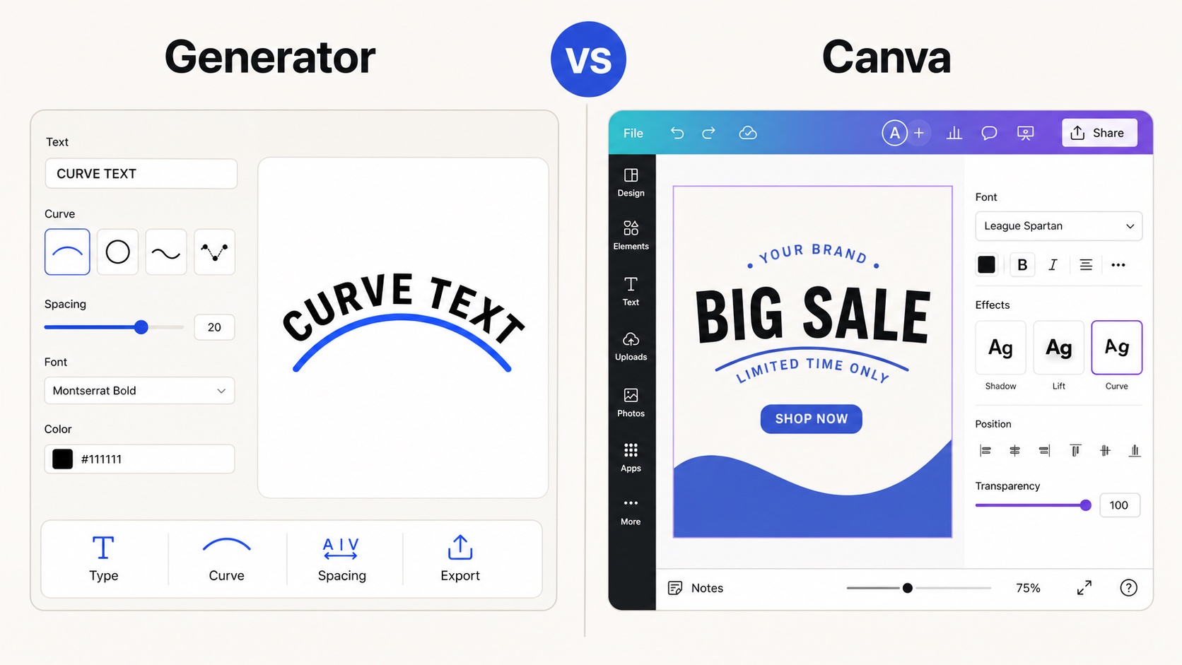 Curve Text Generator compared with Canva for curved text design.