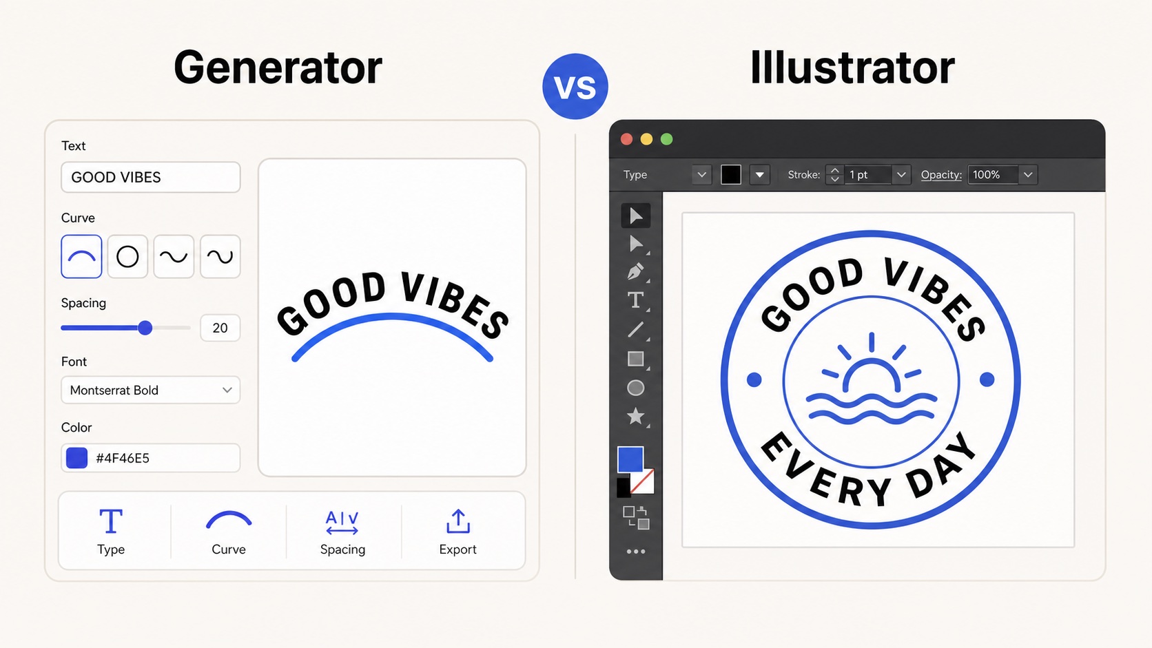 Curve Text Generator compared with Illustrator for curved vector text.