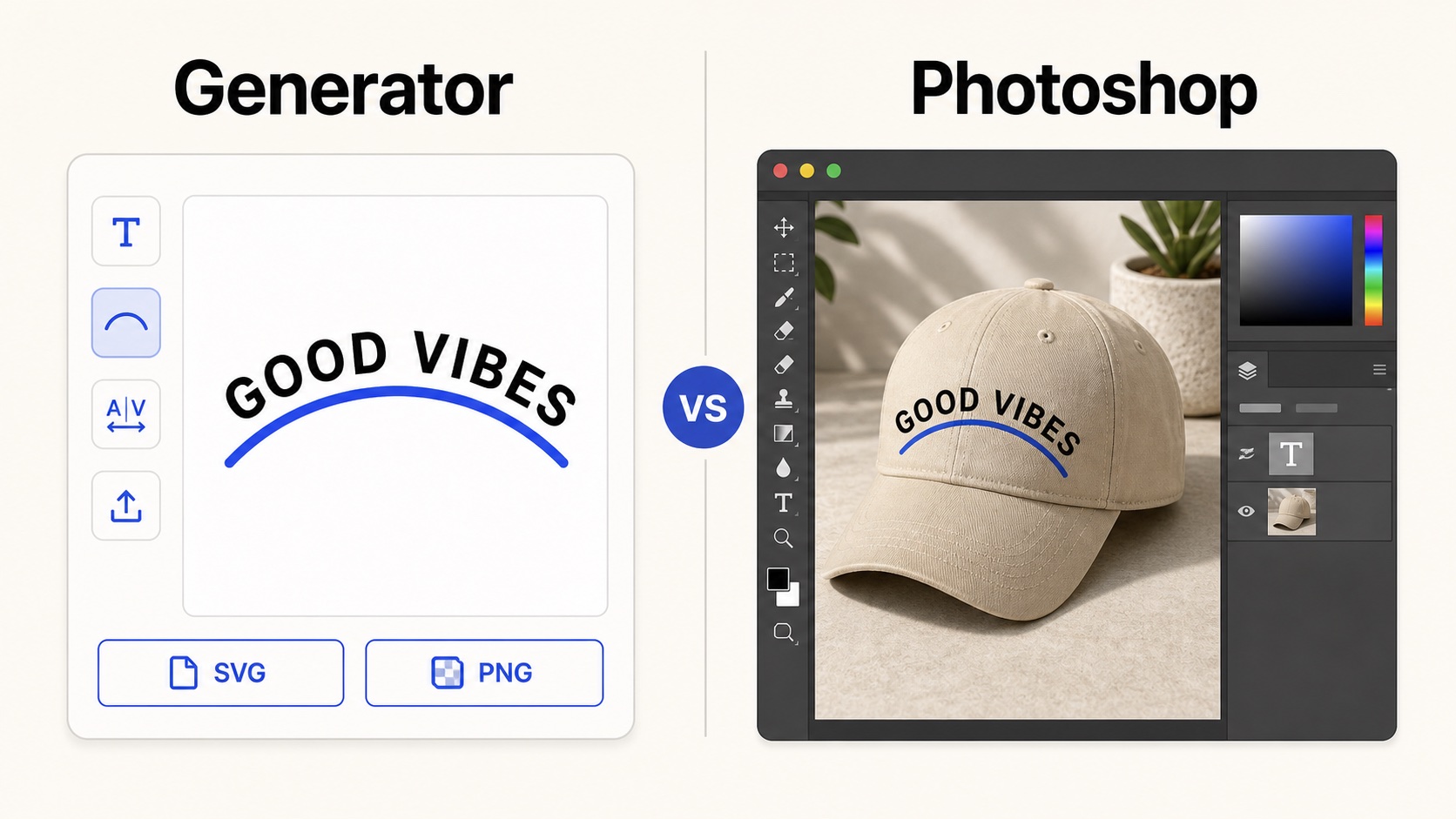 Curve Text Generator compared with Photoshop for curved text on a product mockup.