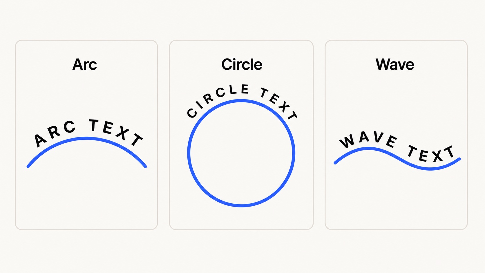 Arc, circle, and wave text examples with words following each path