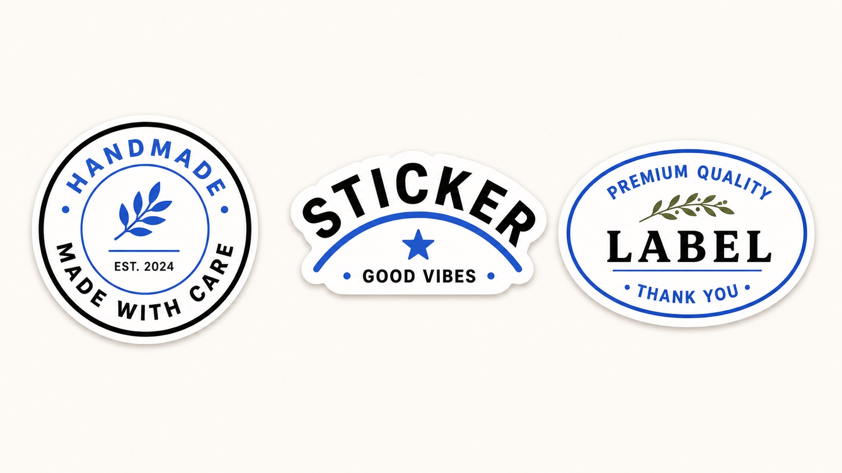 Sticker and label designs using curved text around round, arched, and oval shapes.