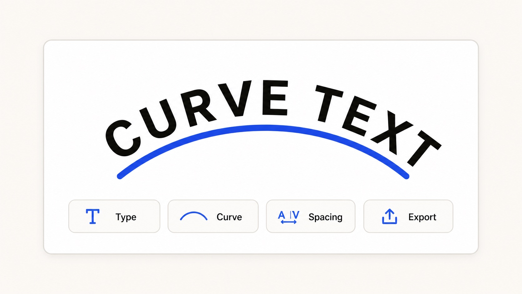 Curved text workflow with letters following an arc and controls for type, curve, spacing, and export
